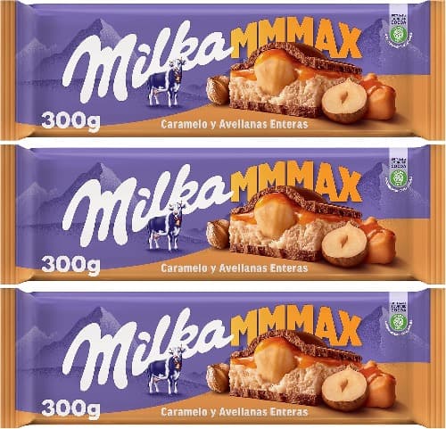 Milka MMMAX Comprimido grande de chocolate com leite dos alpes com alpes inteiras, enchimento de creme de caramelo e creme de leite sabor caramelo 300 g x 3