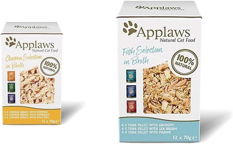 Bundle of Applaws Comida húmida para gatos 100 % natural multipack de peito de frango em envelope Applaws 100 % natural multipack de seleção de peixe em caldo para gatos adultos - 24 envelopes de 70 g