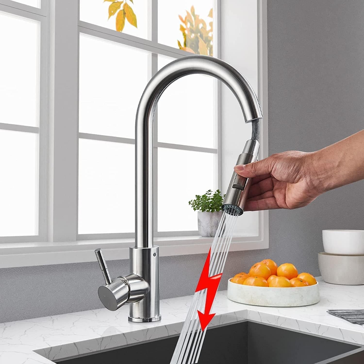 Torneira de cozinha de baixa pressão de aço inoxidável, torneira misturadora com chuveiro extensível de alta pressão 360°, giratória para pia de cozinha, dois tipos de jato de água