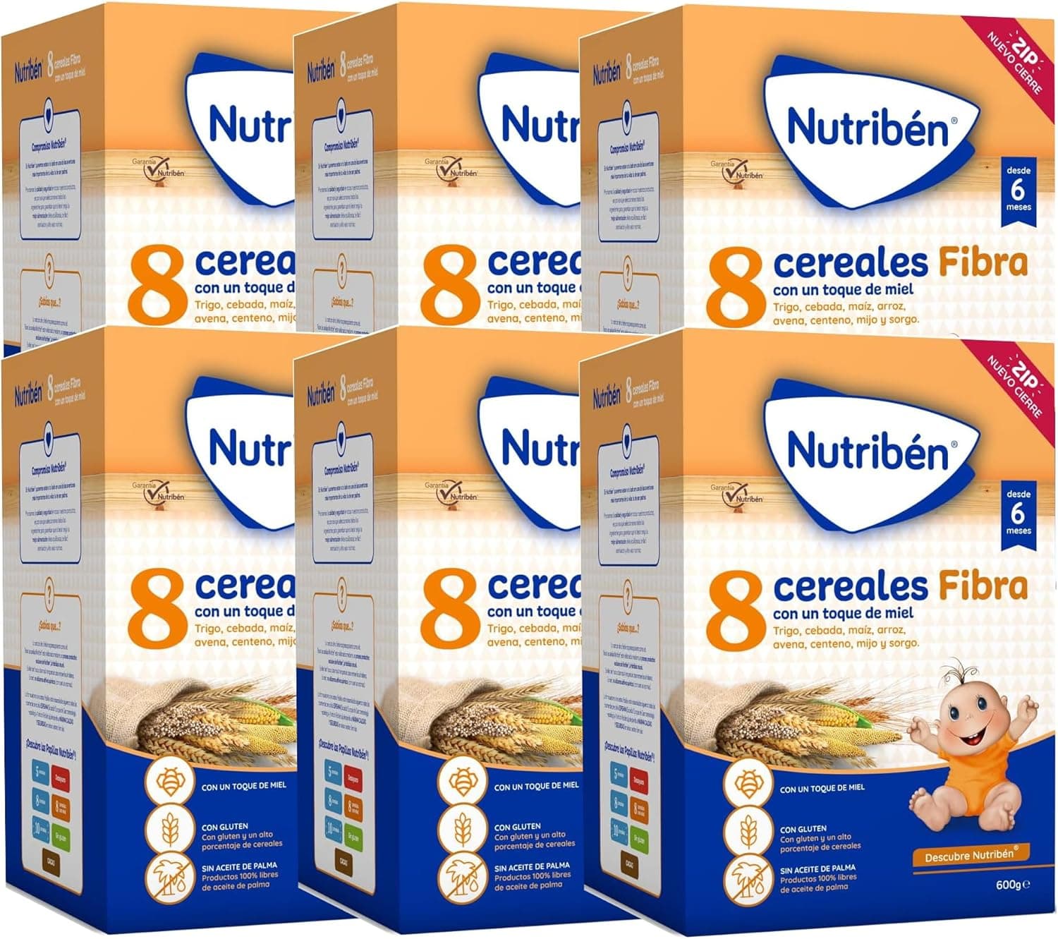 Nutribén Mingau 8 cereais com um toque de mel e fibra, 3600 g, alimentos para bebés a partir dos 6 meses, sem adição de açúcares, sem óleo de palma, embalagem de 6 unidades de 600 g