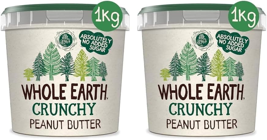 Whole Earth - Creme de amendoim crocante - 1 kg - sem açúcar adicionado e sem glúten - adequado para veganos, fonte de fibra e proteínas, ideal para esfregar no pão ou torradas (embalagem de 2)
