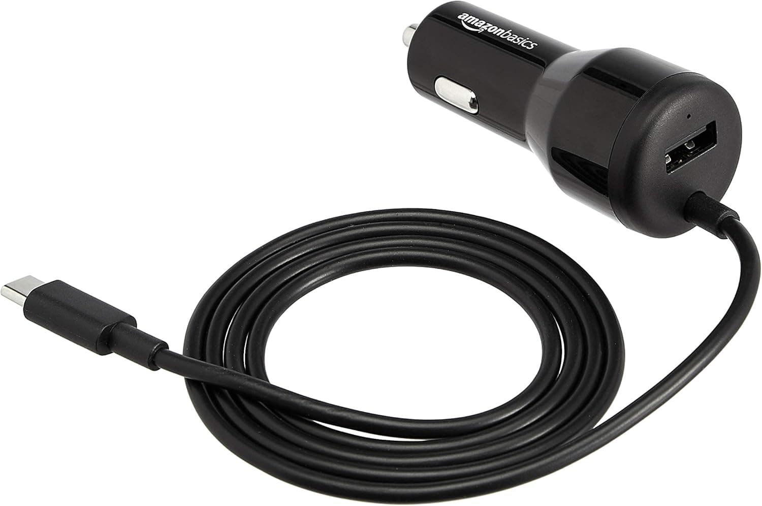 Amazon Basics Carregador USB-C 18 W com fonte de alimentação e USB-A 12 W para carro com cabo, preto