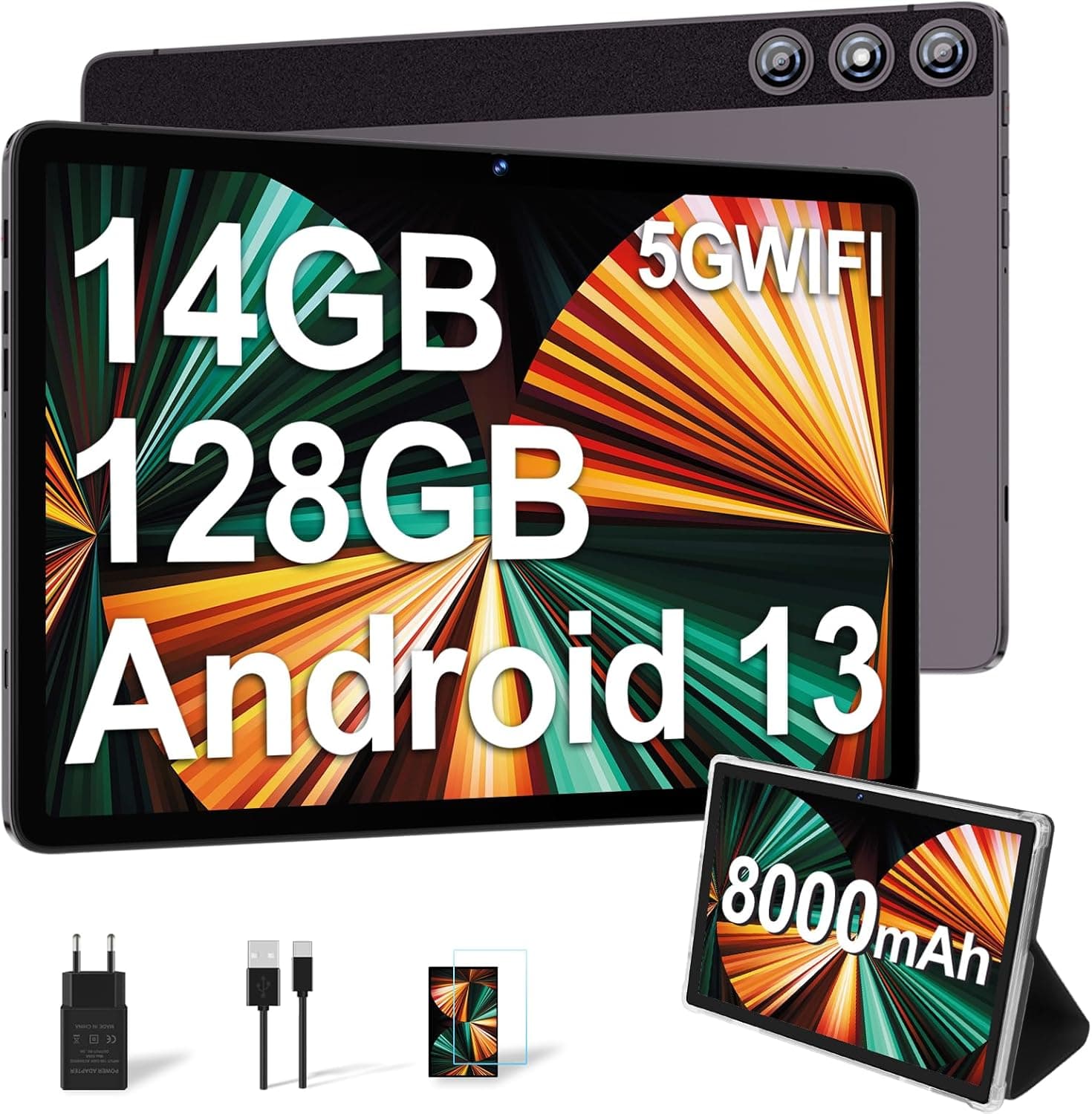 DMOAO Tablet de 10 polegadas com 14 GB RAM 128 GB ROM, Android 13 Tablet 2 em 1, Octa-Core 1TB expansível, Wi-Fi 5G, câmara 8 MP+5 MP, 8000 mAh, fTeclado, BT5.0/GPS/OTG, cinzento