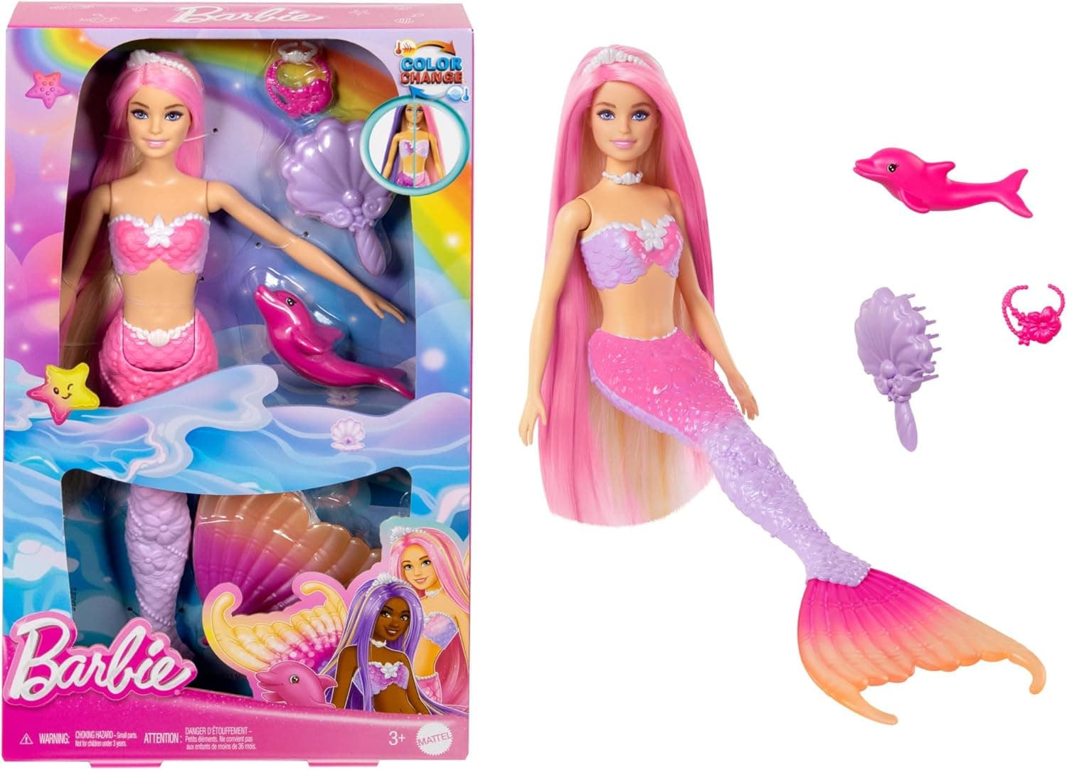 Barbie HRP97 | Boneca sereia Malibu com mudança de cor e acessórios de moda para crianças a partir dos 3 anos