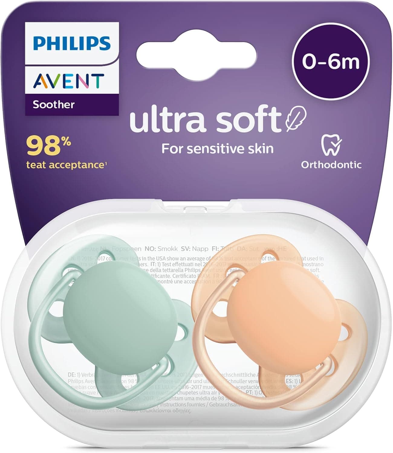 Philips Avent Chupetas ultra soft para bebés de 0 a 6 meses, pack de 2 (modelo SCF091/03)