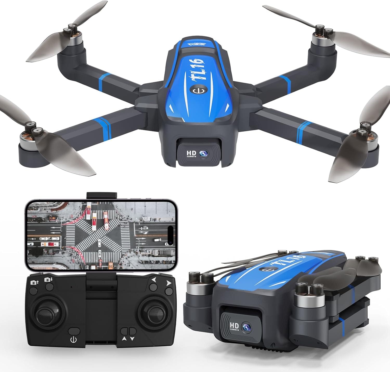 Toladrone TL16 Drone com câmara HD 4K para adultos, posicionamento de fluxo ótico drone com motor sem escovas drones para iniciantes dobrável RC Quadcopter, azul