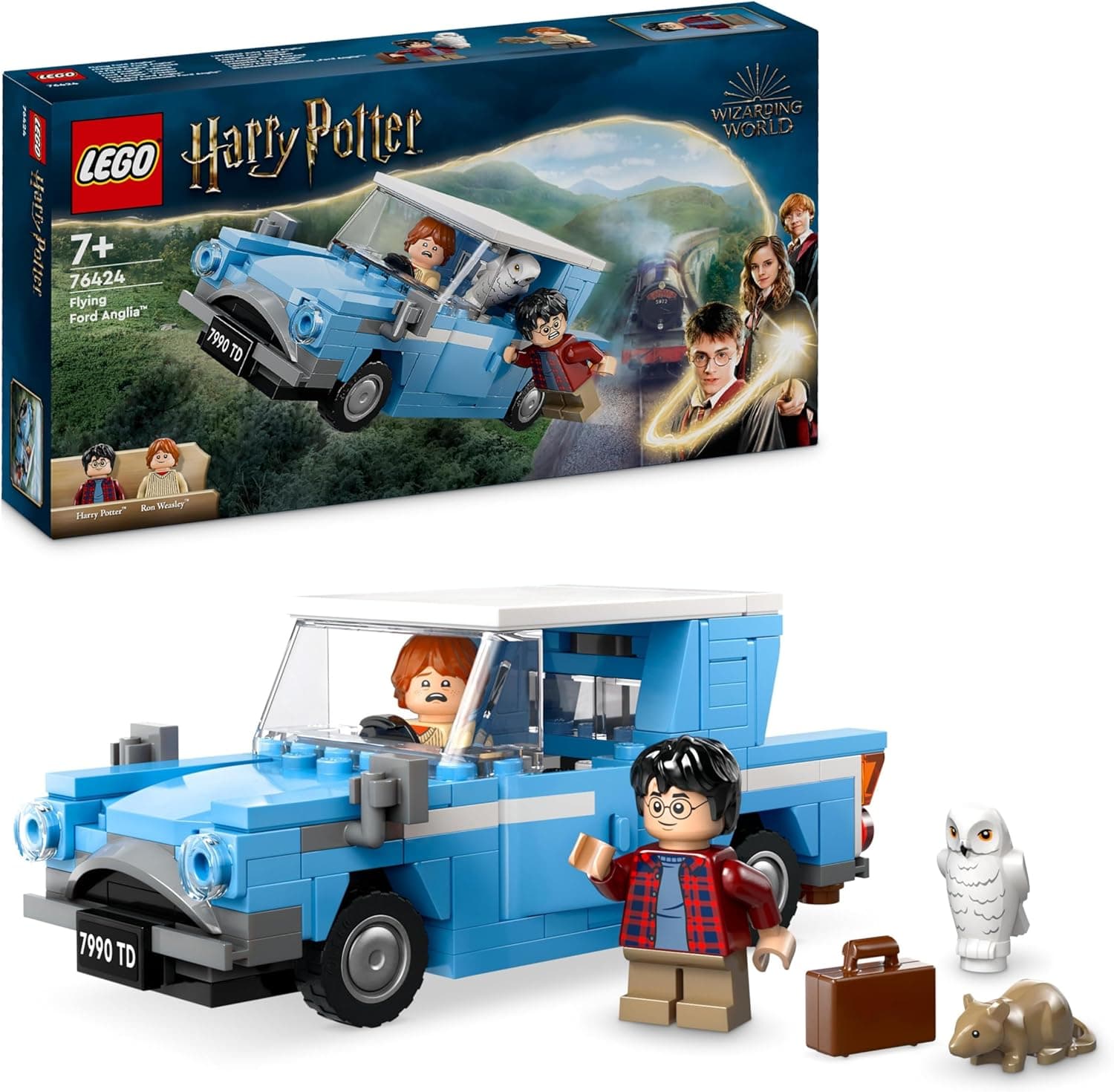 LEGO Harry Potter Ford Anglia Voador de brinquedo de fantasia, jogo de aventura com carro da família Weasley, presente para crianças, meninas e fãs de 7 anos ou mais, 2 minifiguras de personagens