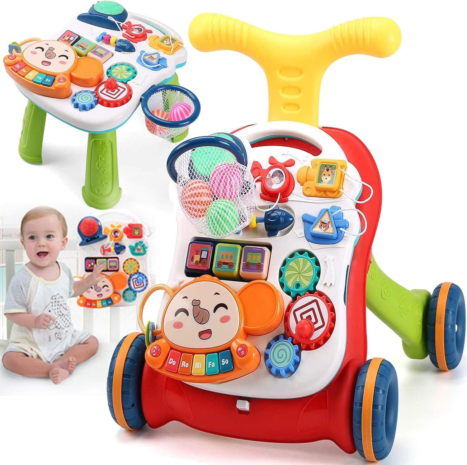 MalPlay Andador educativo | empurrador | mesa interativa | painel de estudo, basquetebol, 5 em 1, estável | seguro | luz e som, funciona com bateria, vermelho