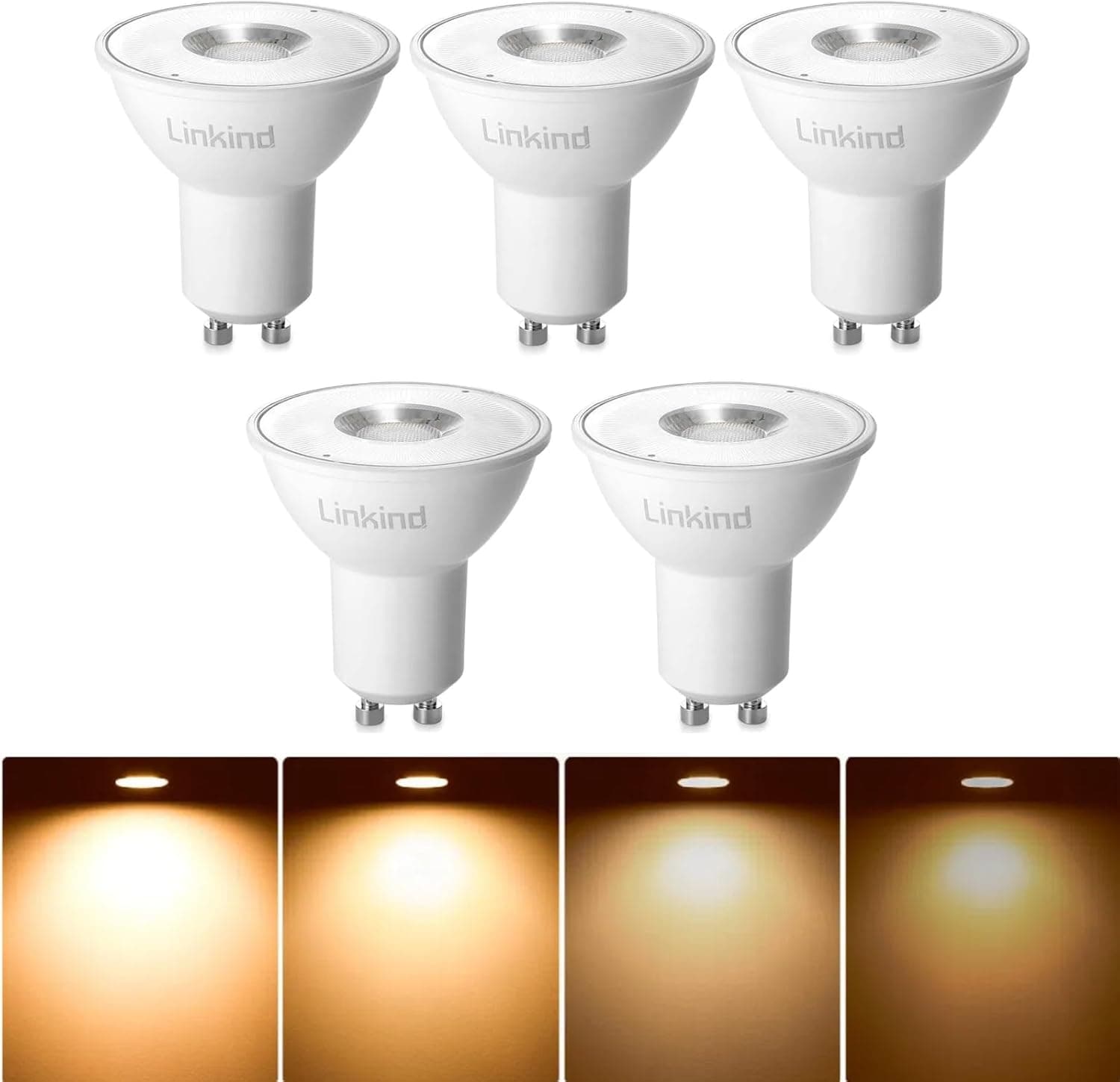 Linkind Lâmpadas LED GU10 reguláveis, 5,7 W equivalente a 75 W halogéneo, branco quente 2700 K 560 lúmenes, holofote led com ângulo de feixe, embalagem de 5