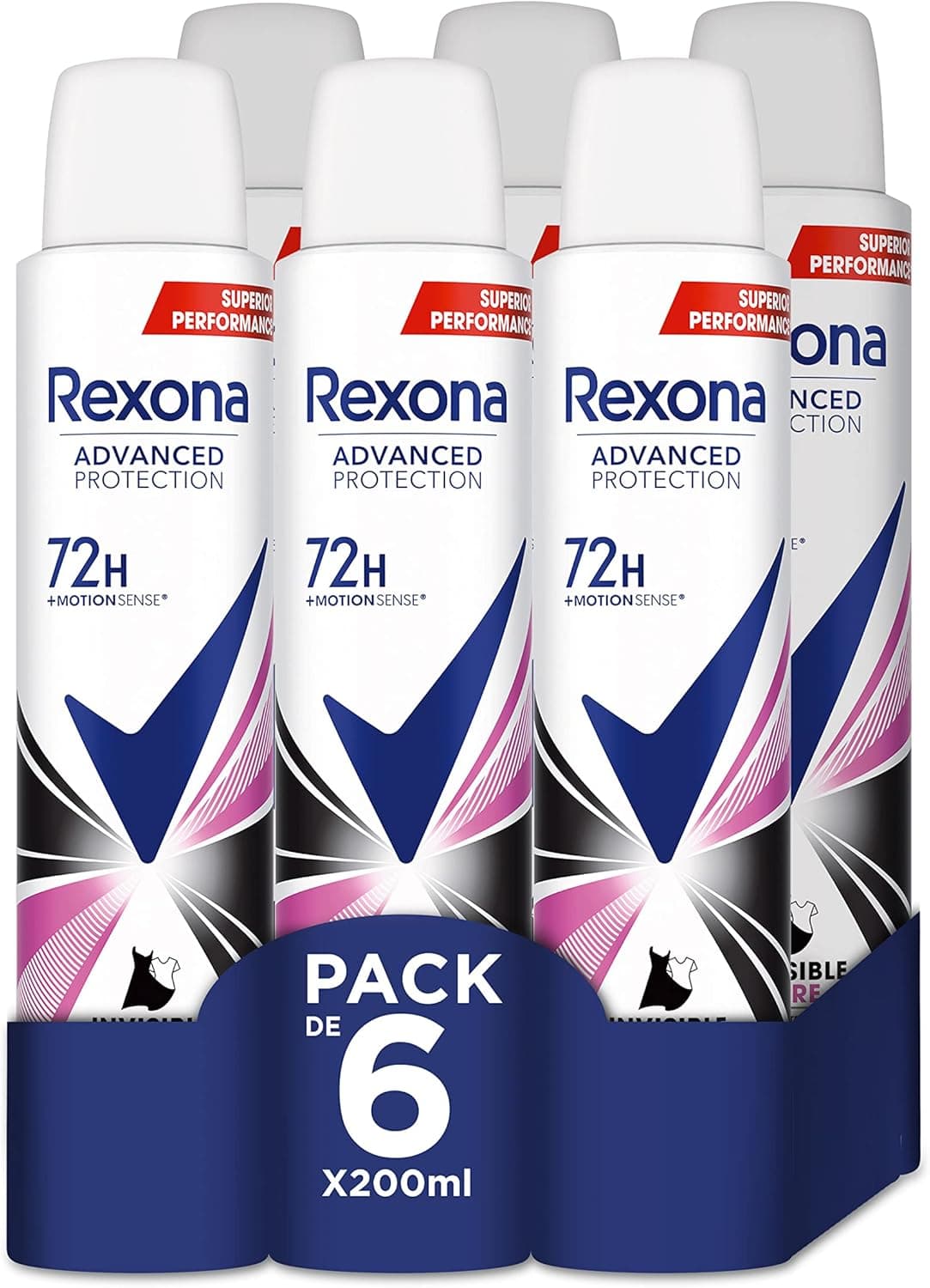 Rexona Advance Protection Invisible Pure | Desodorizante em aerossol para mulher 72h, pack de 6 x 200 ml
