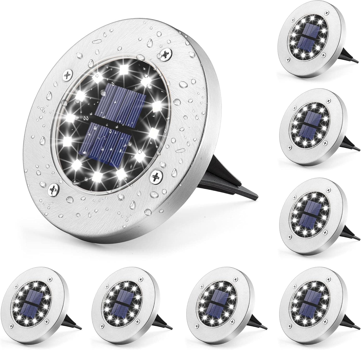 GIGALUMI Luzes solares para o chão, 12 LED, 8 unidades, luzes de chão, funciona com energia solar, luzes de estrada, terraços ao ar livre, candeeiro de paisagem para relva, pátio