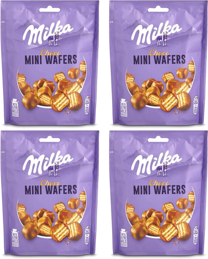 Milka Mini Wafers bolachas casquilho com enchimento cremoso e cobertura de chocolate com leite dos Alpes 110 g x 4