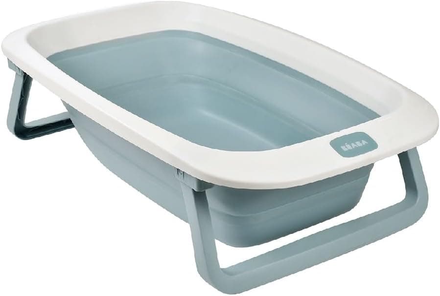 BÉABA, Banheira dobrável para bebé, ultra compacta, pés antiderrapantes, design moderno, tampa de ralo, armazenamento prático, ocupa pouco espaço, fácil de usar, Eazy Pop Camélé'O, 29 L, azul