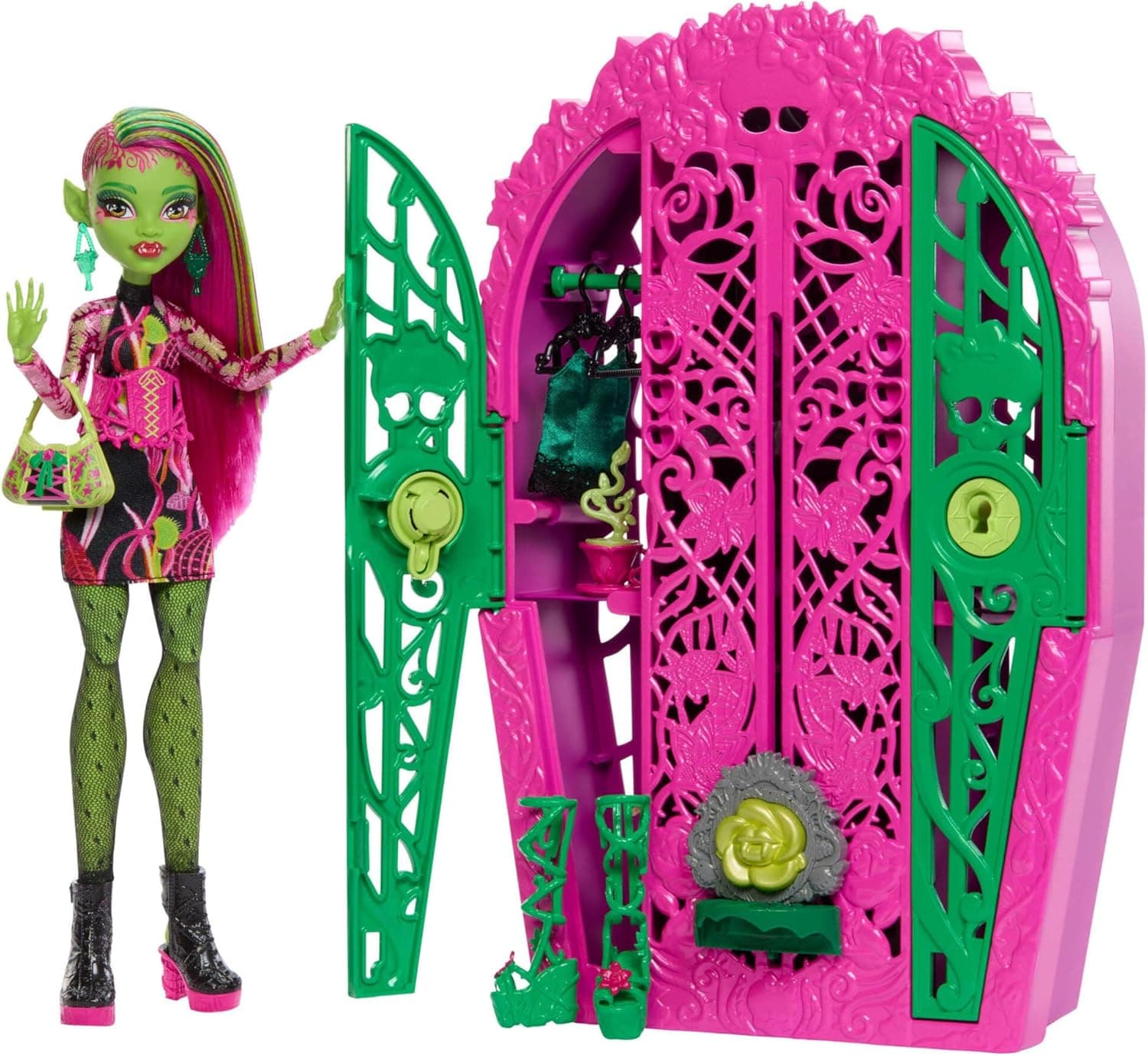Monster High Skulltimate Secrets Jardim misterioso Venus McFlytrap conjunto de bonecas e acessórios, armário com mais de 19 surpresas para um lanche, incluindo roupa de boneca, HYT75