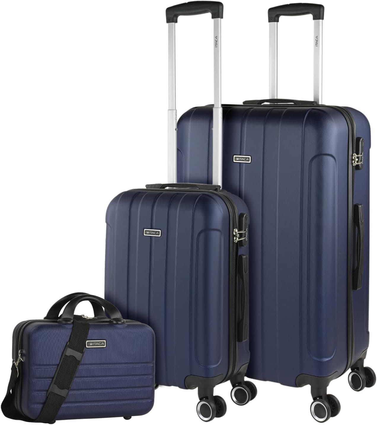 ITACA - Malas de viagem rígidas ABS - mala de viagem cabine, mala média e mala grande - pega telescópica, 4 rodas giratórias e cadeado de combinação, MARINHO, Conjunto de malas