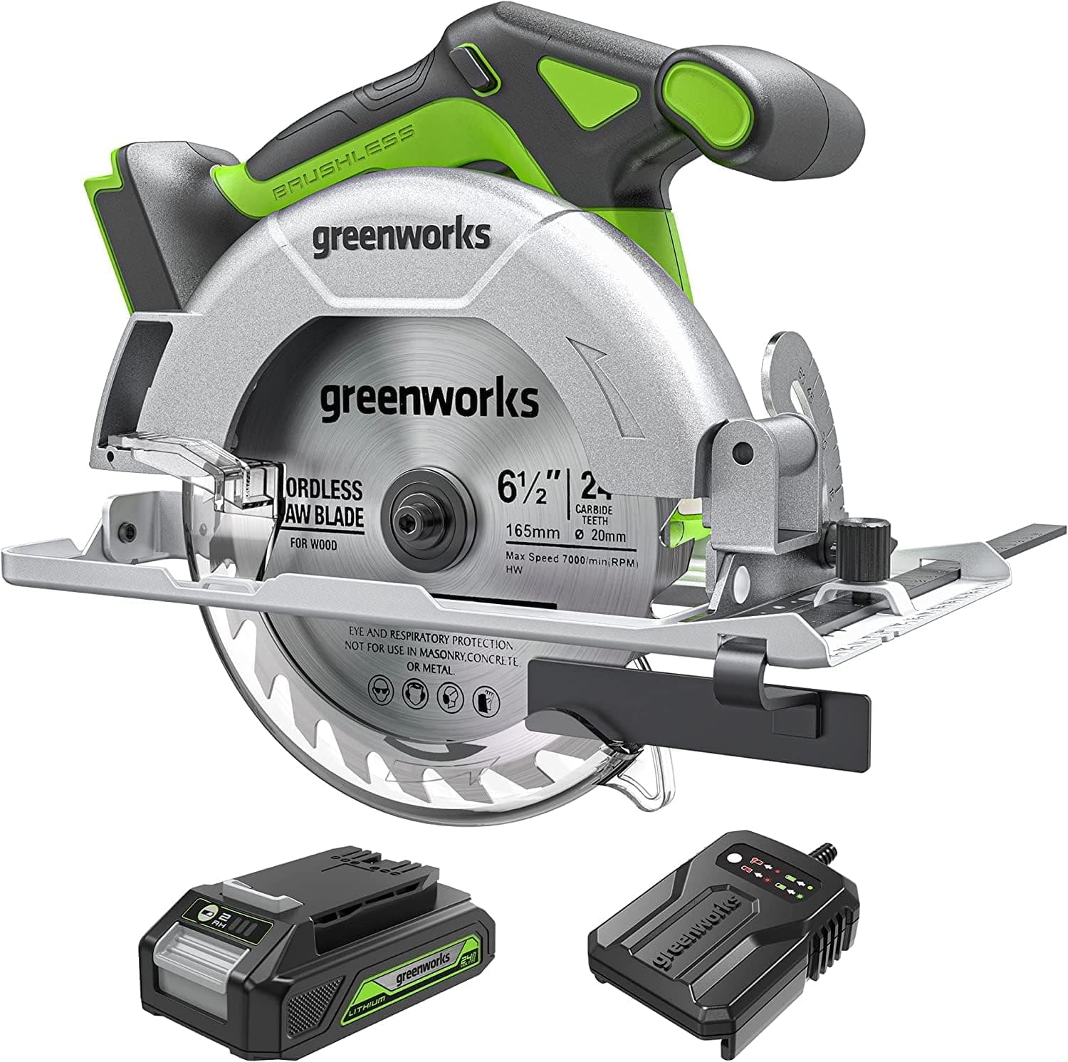 Greenworks Serra circular sem fios Brushless luz LED 4800 RPM, lâmina de serra de Ø 165 x Ø 20 mm, profundidade de corte de 57 mm, com bateria de 2 Ah e carregador