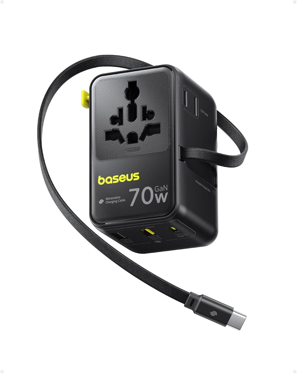 Baseus Enercore 70W | Adaptador universal de corrente com cabo retrátil e tomadas AC e USB para viagens internacionais