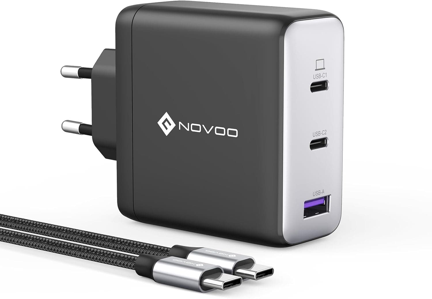NOVOO Carregador USB C de 120 W com 1 cabo PD de 100 W tipo C, carregador de parede PPS compacto de 3 portas, GAN III, para MacBook Pro de 14", DELL XPS 13, iPad Pro, iPhone 15, Galaxy S23, Note 20