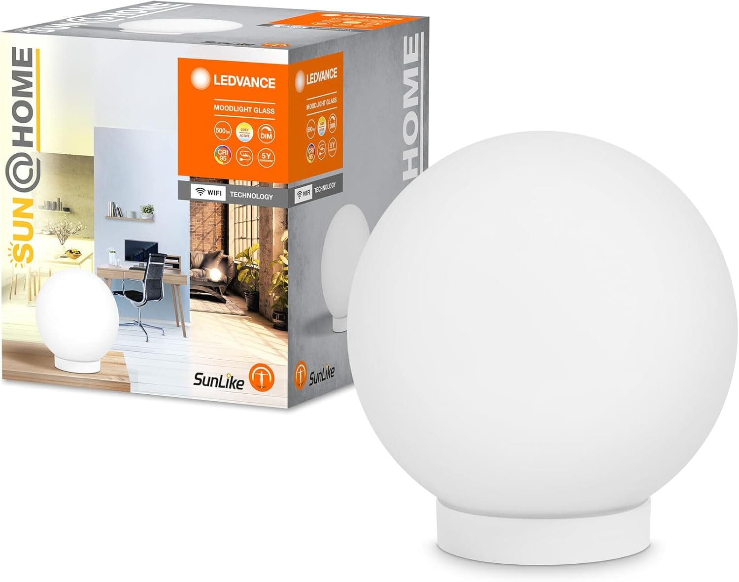 LEDVANCE SUN@HOME Moodlight Glas 200 mm, weiß, 8,5 W, 500 lm, extra warmweißes bis kaltweißes Licht, automatische Lichtanpassung, dimmbar, comprimento Lebensdauer, App-steuerbar, IP20, 2200K-5000K