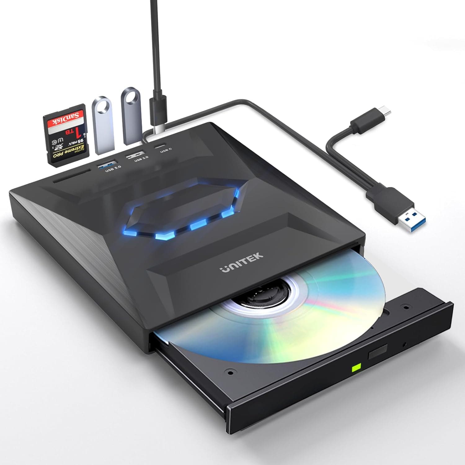 Unitek Unidade externa de CD e DVD, USB C portátil CD/DVD +/-RW, reprodutor de DVD com leitor de cartões SD, USB 3.0, USB C, gravador de CD ROM compatível com portátil, PC, Windows, Linux, OS, Surface