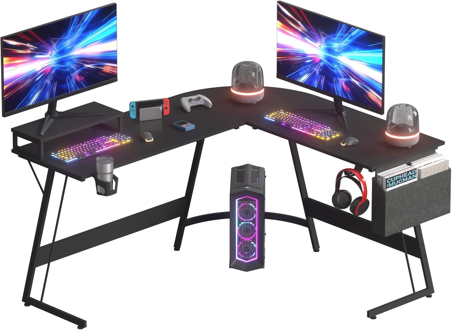 SANODESK Secretária de canto mesa Gaming secretária Gaming 147 x 127 x 75 cm, mesa em forma de L, com uma mesa para suportar o monitor, secretária secretária, mesa de canto para PC grande - preto