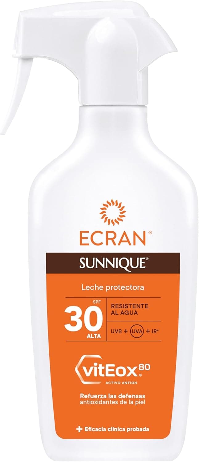 Ecran Sunnique - Leite protetor solar SPF 30 em spray, proteção média UVA, UVB e IR-A, reforça as defesas, resistente à água, para a pele de toda a família - 270 ml