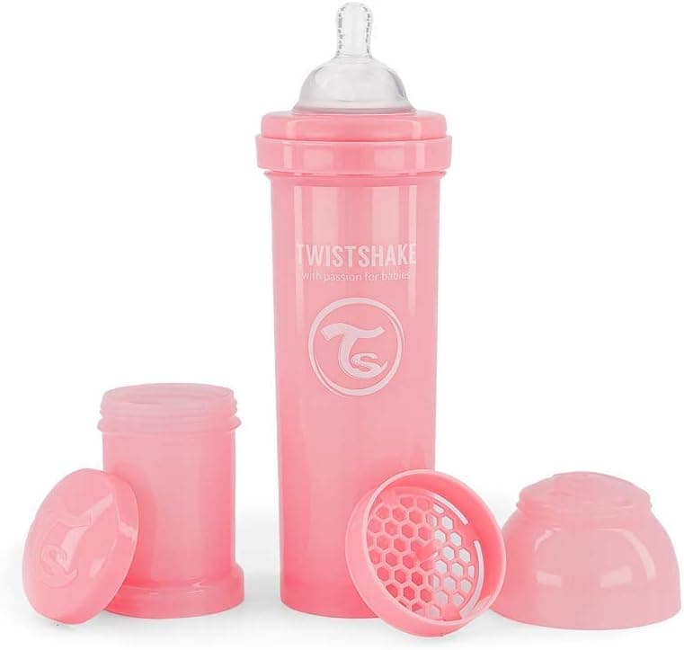 Twistshake Biberão anticólicas com recipiente para leite e misturador, 330 ml, silicone com fluxo rápido, forma do peito, sem BPA, para bebés maiores de 4 meses, rosa
