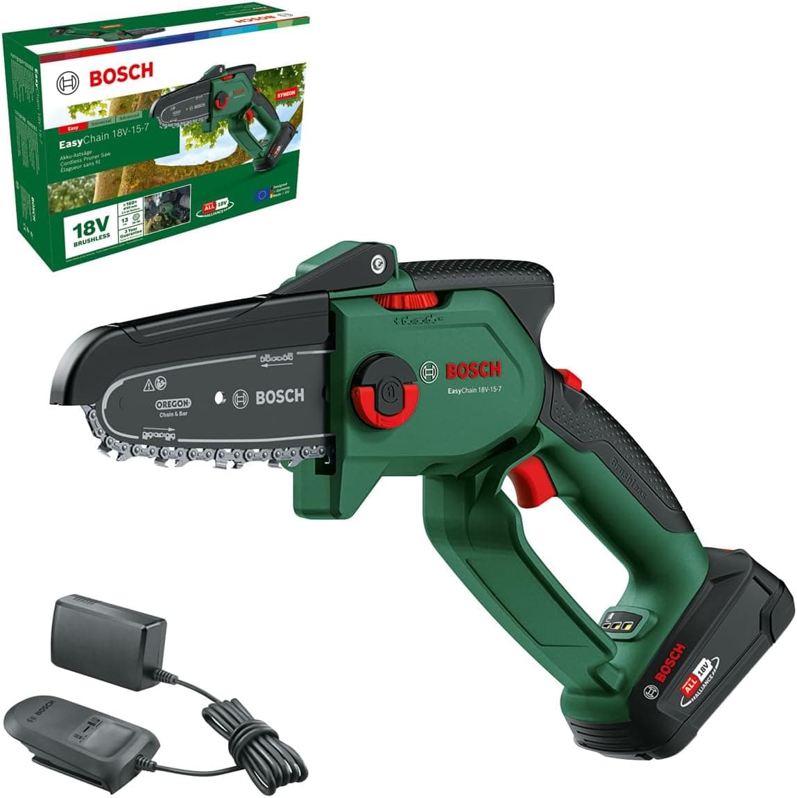 Bosch Mini moto-serra a bateria EasyChain 18 V - 15-7 (para cortar madeira, sistema de 18 volts, velocidade da corrente 6,95 m/s, com 1 bateria de 2,5 Ah e carregador)