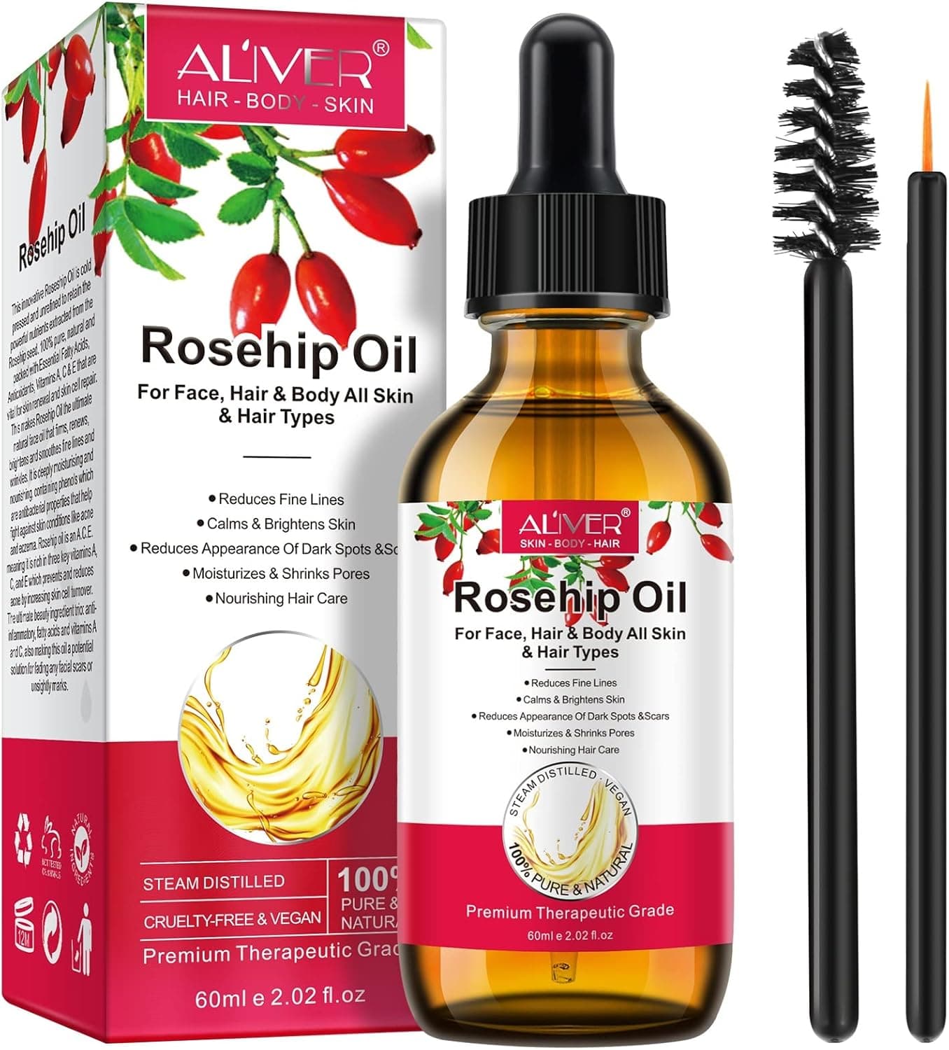 Óleo de rosa adesivo puro 60 ml com ácidos gordos insaturados, óleo 100% natural prensado a frio hidratante para anti-envelhecimento, desvanece as cicatrizes, evita a pele e pelos