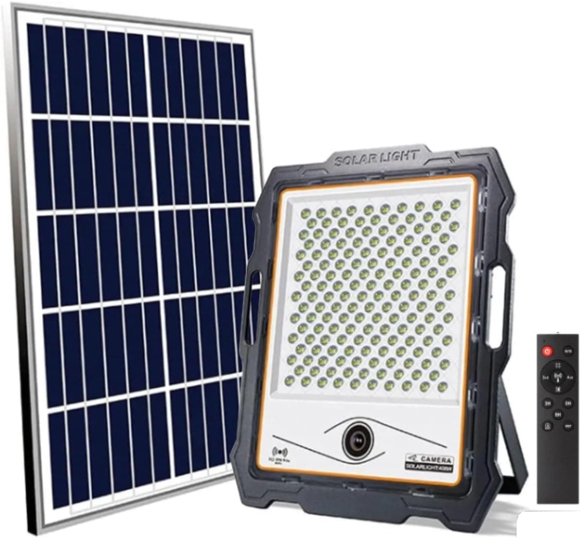 M Ledme - Foco projetor LED solar com câmara Jeff 200W, luz fria (6000k), sensor de movimento / crepuscular, 1080P, impermeável IP67, 1840lm, controlo remoto com aplicação, para pátio, jardim