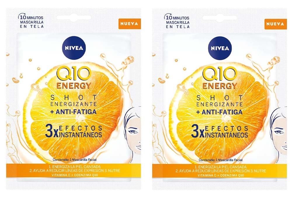 NIVEA Q10 Energy Máscara de tecido com vitamina C, máscara antirrugas com 3 efeitos instantâneos, máscara facial com coenzima Q10 e vitamina Camina C, 2 embalagens
