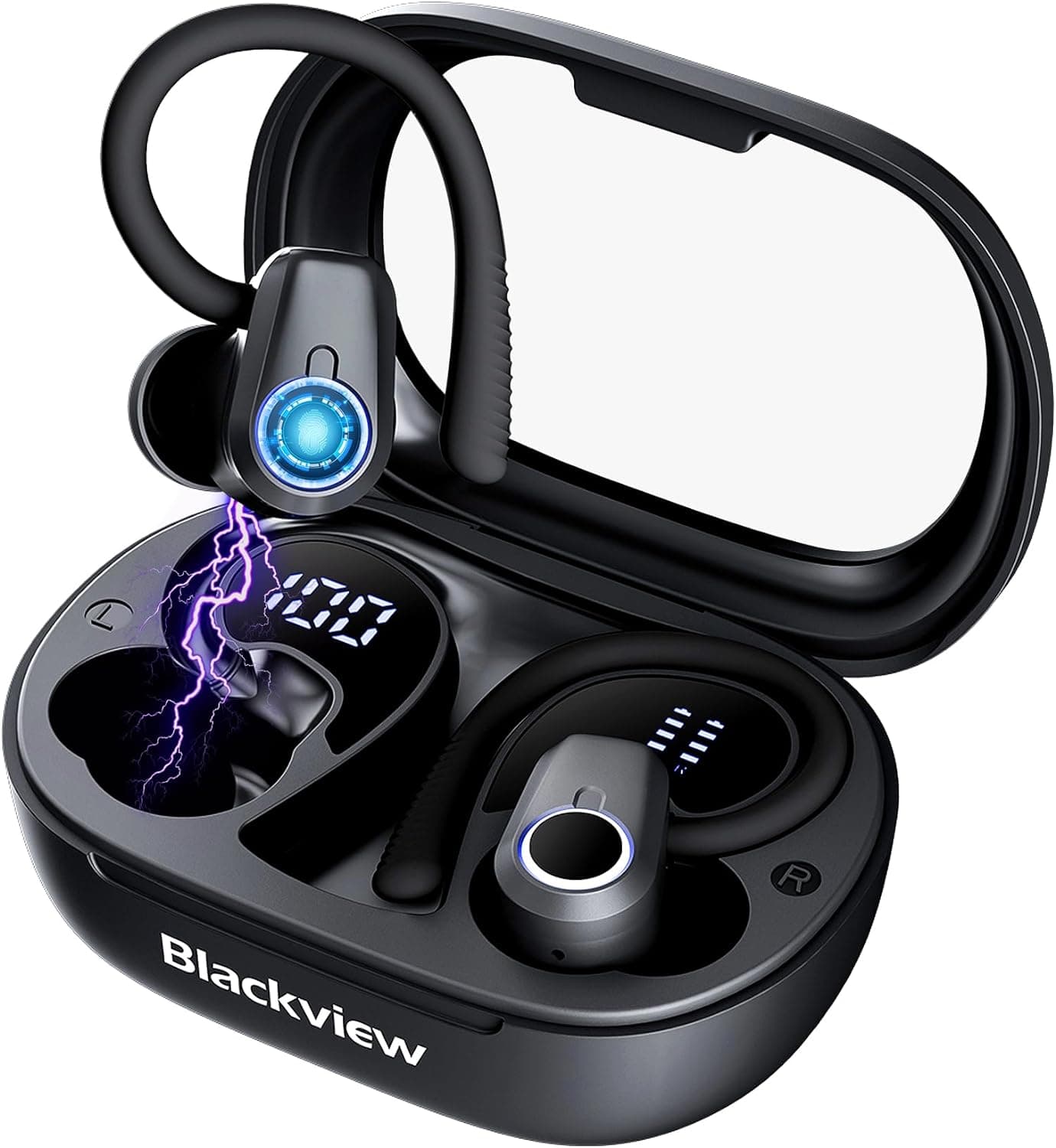 Blackview Auriculares desportivos Bluetooth 5.3 sem fios com ENC, auriculares na orelha com gancho para a orelha, auriculares Bluetooth 50 horas de tempo de reprodução, sensores