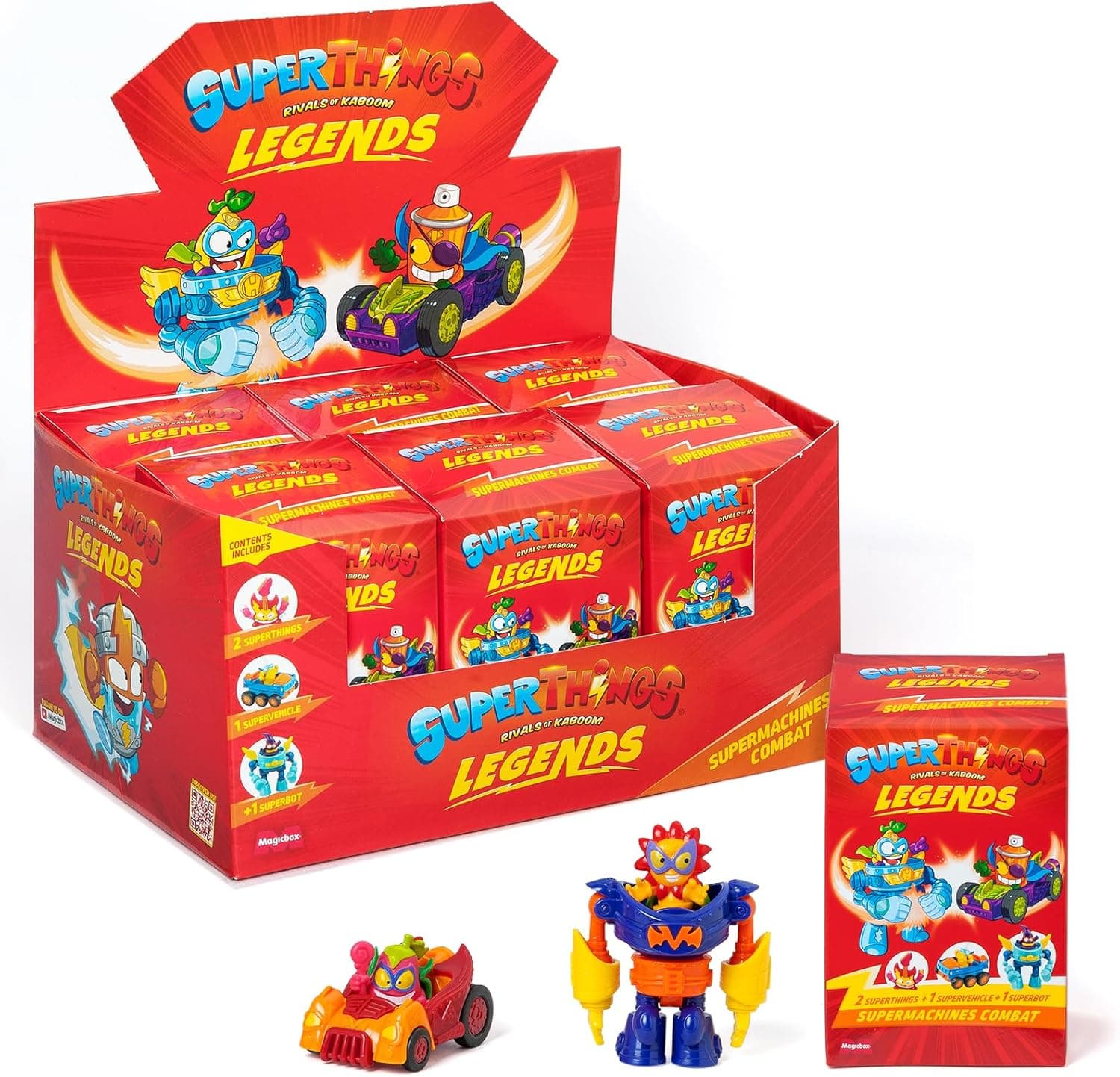SuperTHINGS Legends - Supermachines Combat. Caixa com 6 pacotes sortidos de personagens lendários da SuperThings. Cada pacote inclui 2 SuperThings, 1 veículo e 1 superbot. Produtos da série 1-9