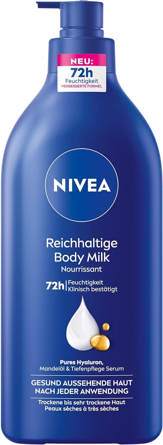 NIVEA Rica Leche Corporal | Loção nutritiva com ácido hialurónico, óleo de amêndoas e suero hidratante para pele seca, 625 ml
