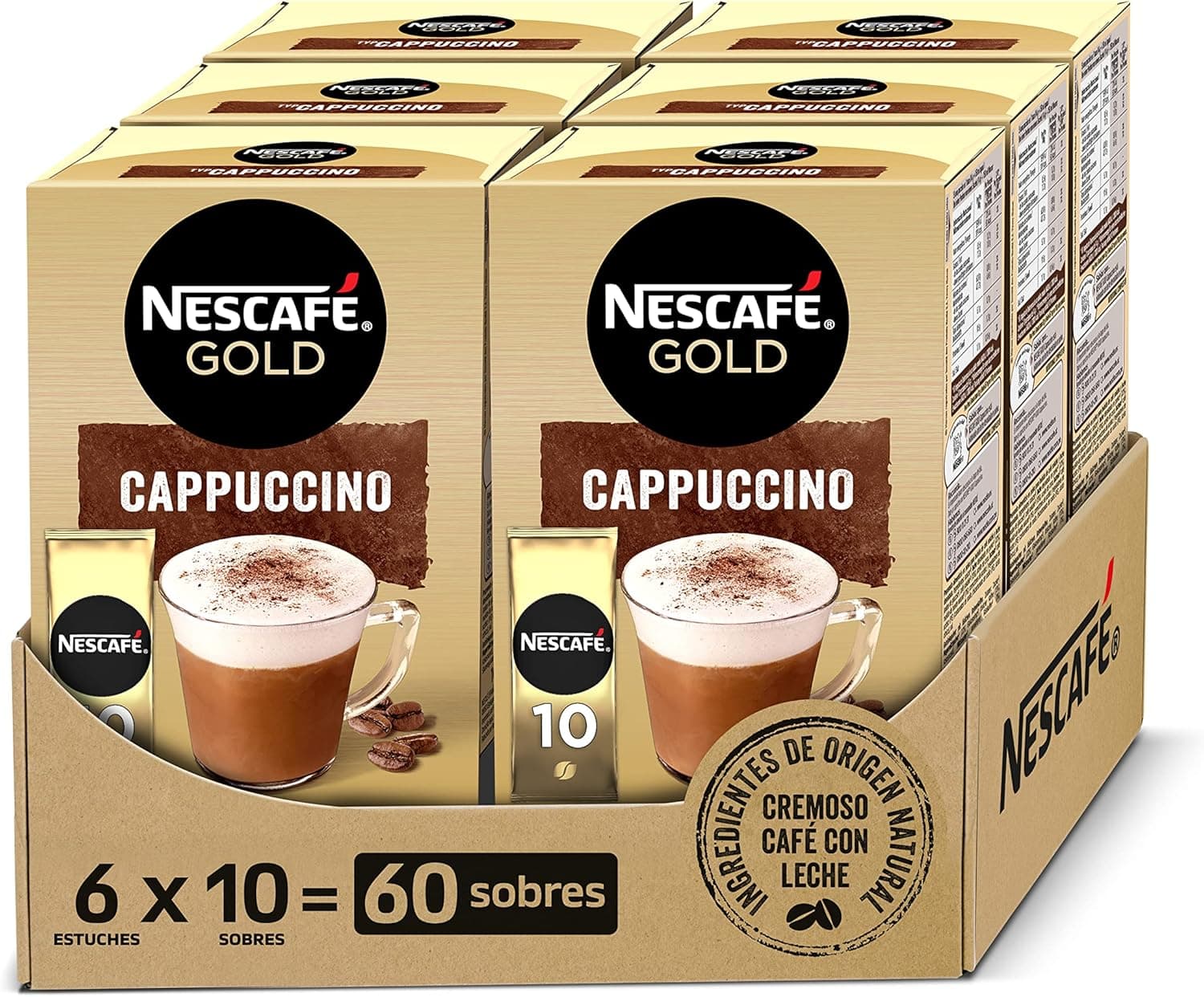NESCAFÉ GOLD CAPPUCCINO NATURAL, café solúvel cremoso com leite magro, conjunto de 6 estojos com 10 envelopes, TOTAL 60 saquetas