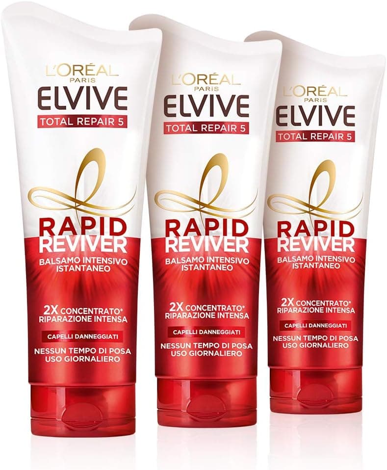 L'Oréal Paris Elvive Rapid Reviver Condicionador intensivo instantâneo Total Repair 5, enriquecido com aminoácido e vitamina E, para cabelos danificados, embalagem de 3
