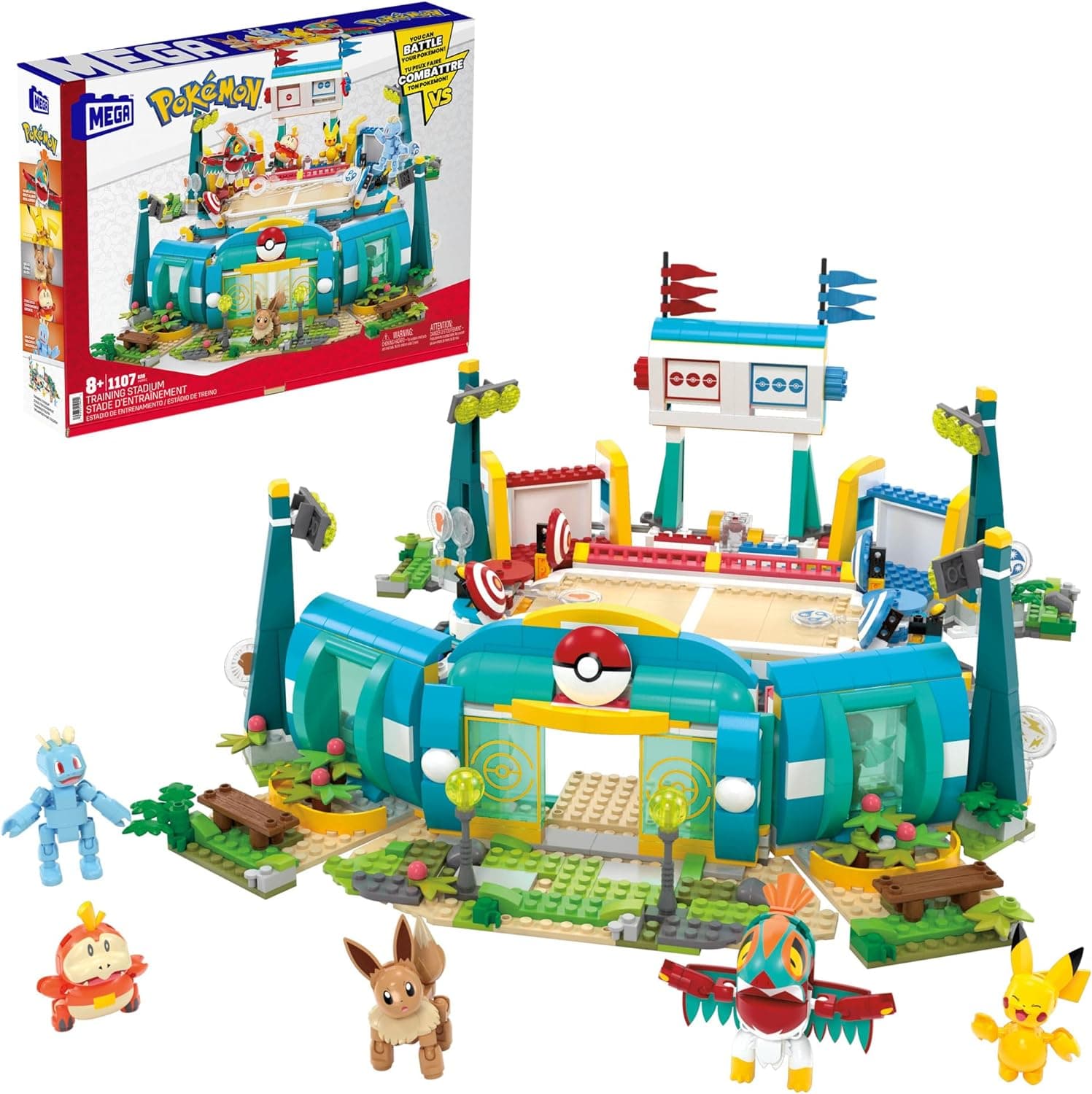 Mega Pokémon estádio de treino Set figuras de ação com 5 personagens, 1101 blocos de construção, brinquedo + 8 anos (HWR82)