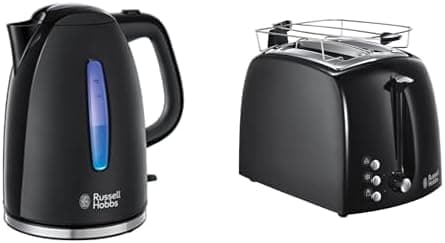 Russell Hobbs Textures Chaleira de água elétrica - 2400 W, 1,7 litros Textures Plus torradeira - 2 ranhuras curtas e largas, para 2 fatias, plástico com detalhes de aço inoxidável