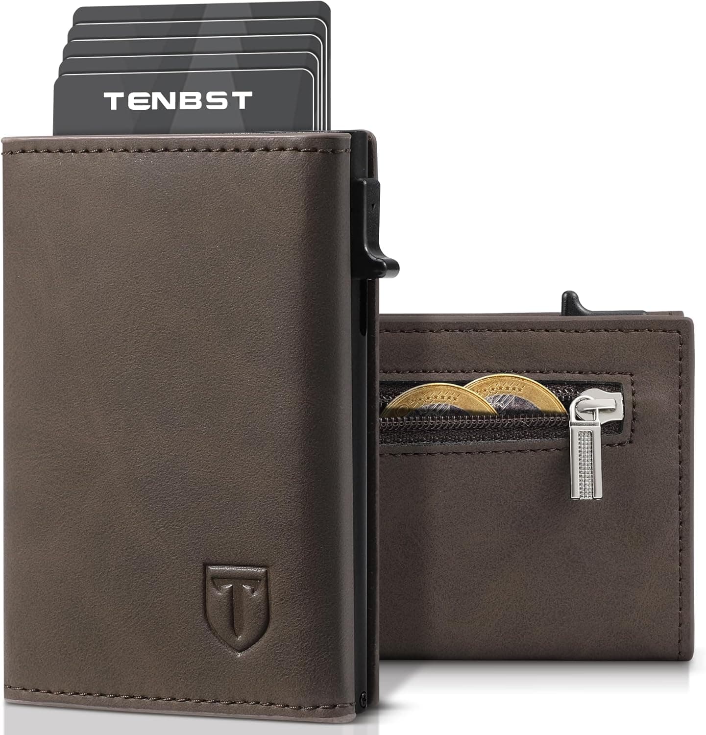 TENBST Carteiras para homem de couro, porta-cartões homem com bloqueio RFID, 8 ranhuras para cartões, carteira pequena com notas e moedas, presentes, castanho, Café, Minimalista