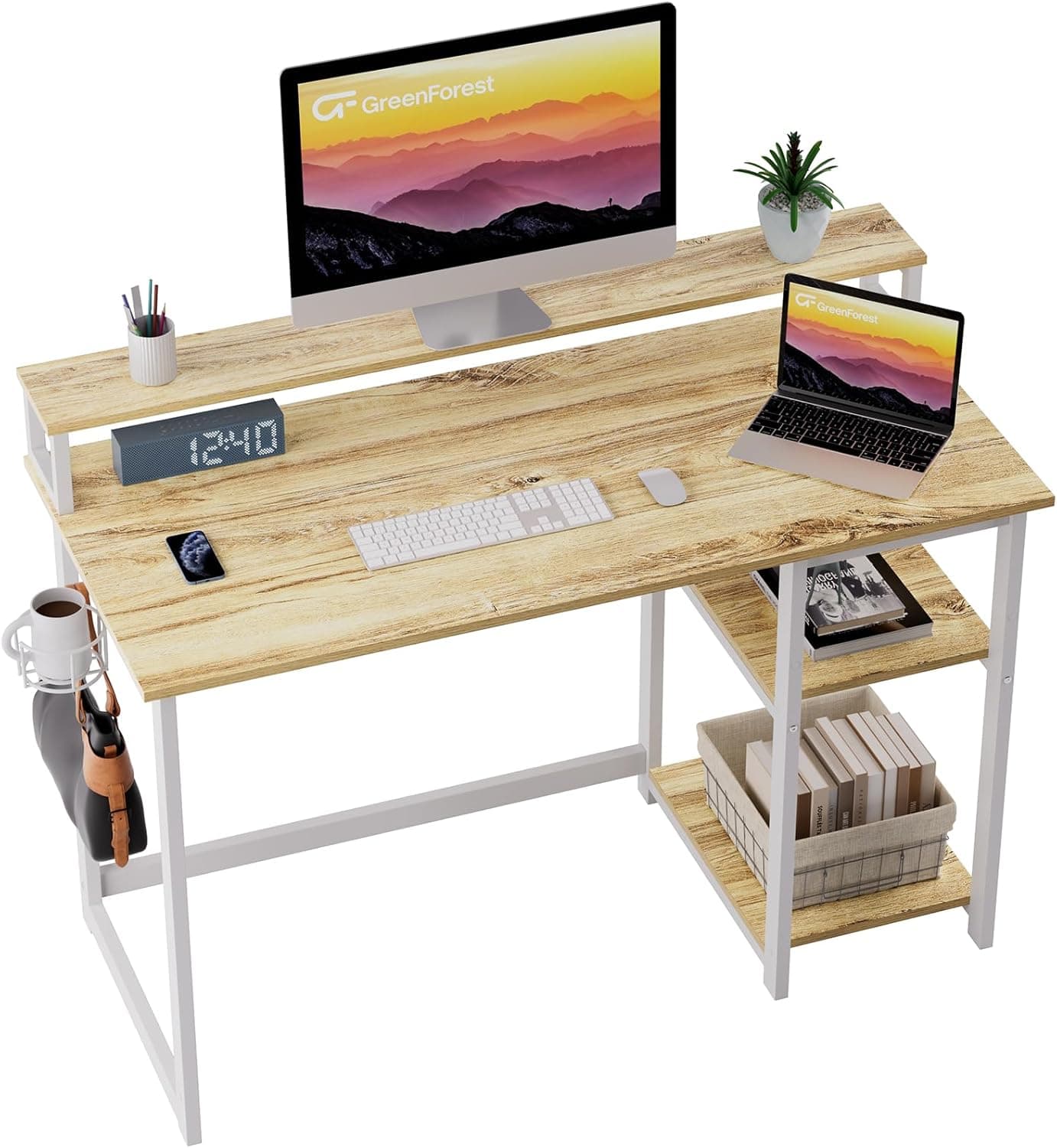 GreenForest Mesa de computador com suporte de monitor, mesa de escritório com prateleiras de armazenamento ajustáveis, pequena mesa reversível para estúdio, bege