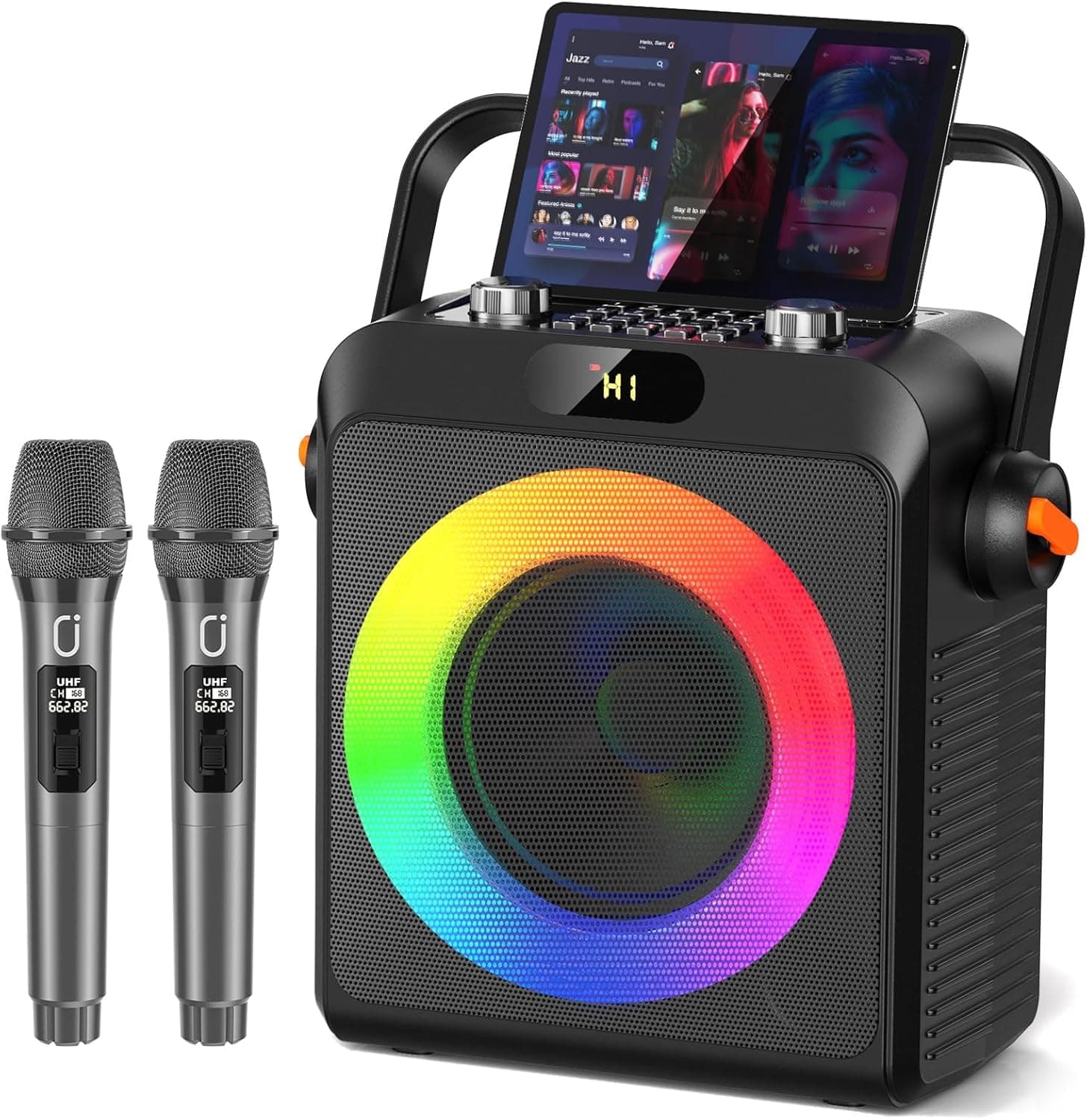 JYX Karaoke com 2 microfones, altifalante Karaoke Bluetooth e luzes de DJ para adultos e crianças, PA sistema com microfone Karaoke profissional portátil para festas em casa, ao ar livre