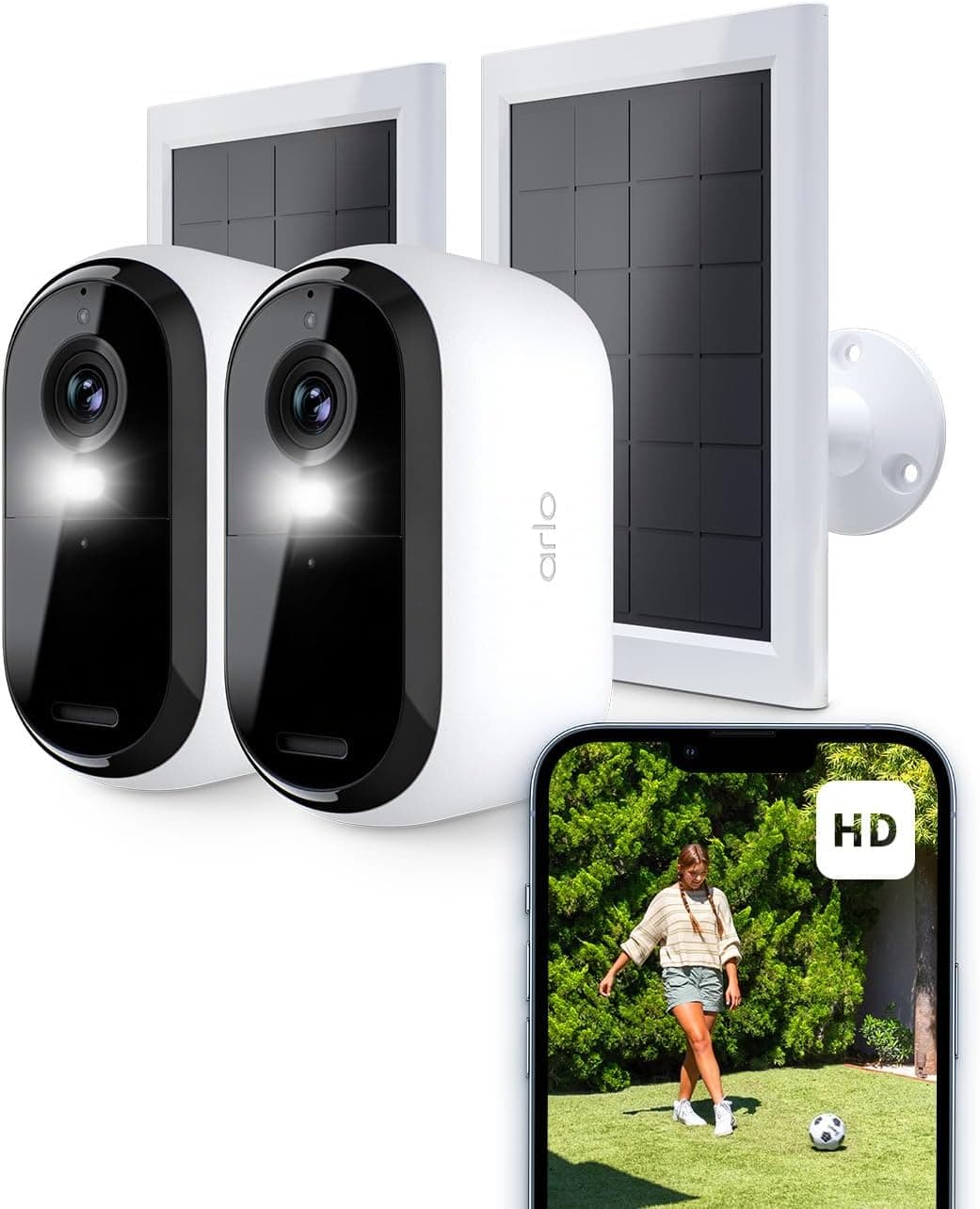 Arlo Essential 2 câmara de vigilância WiFi exterior painel solar (2), HD, câmara de vigilância WiFi interior, sensor de movimento, alarme para casa, teste de arco seguro incluído, 2 câmaras, brancas