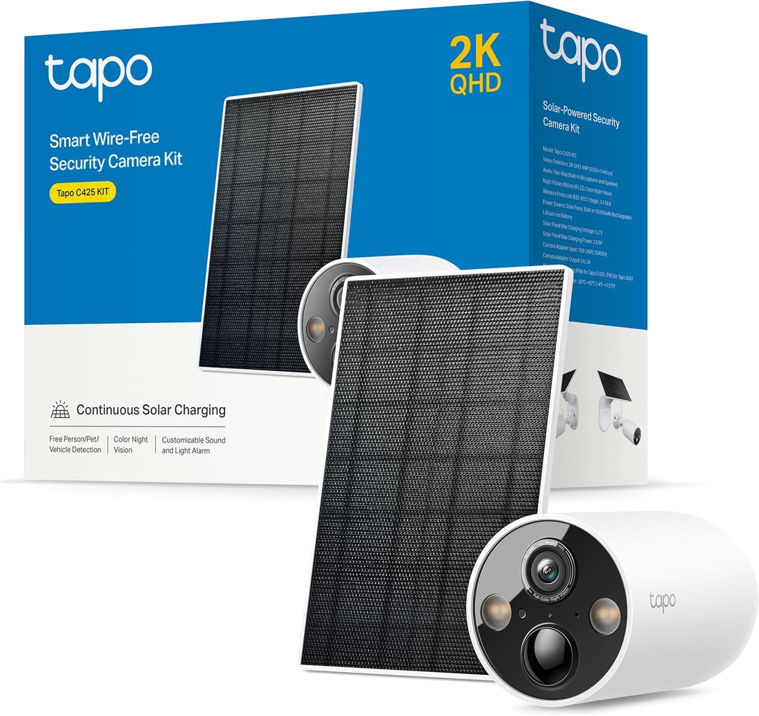 Tapo C425 Kit - câmara de segurança solar, resolução 2K, visão noturna colorida, memória microSD, bateria de 1000 mAh, campo de visão super grande ângulo de 150 °, compatível com Alexa