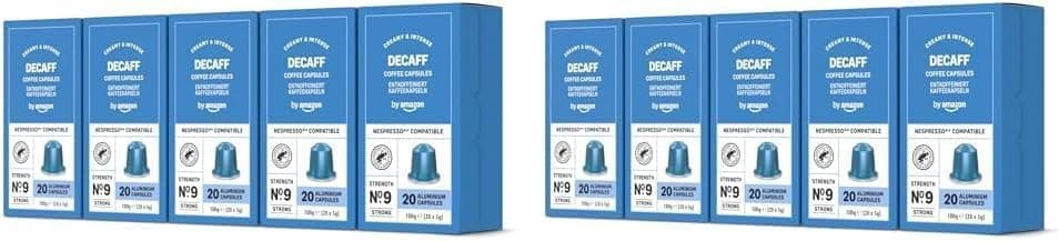 by Amazon - Cápsulas de café expresso descafeinado, torrado médio, compatíveis com Nespresso, 100 unidades, 5 embalagens de 20, certificado Rainforest Alliance (embalagem de 2)