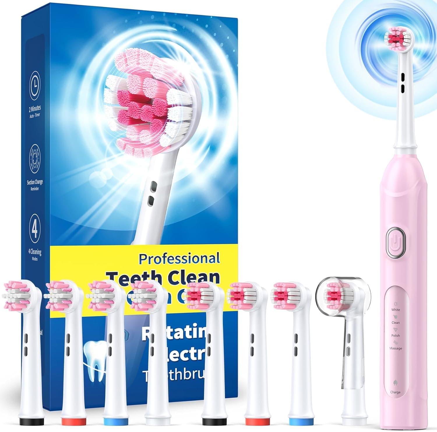 Escova de dentes elétrica rotativa para adultos com 8 cabeças (2 tipos) recarregável e 2 Min Smart Time, 4 modos limpeza profunda escova de dentes elétrica (cor-de-rosa)