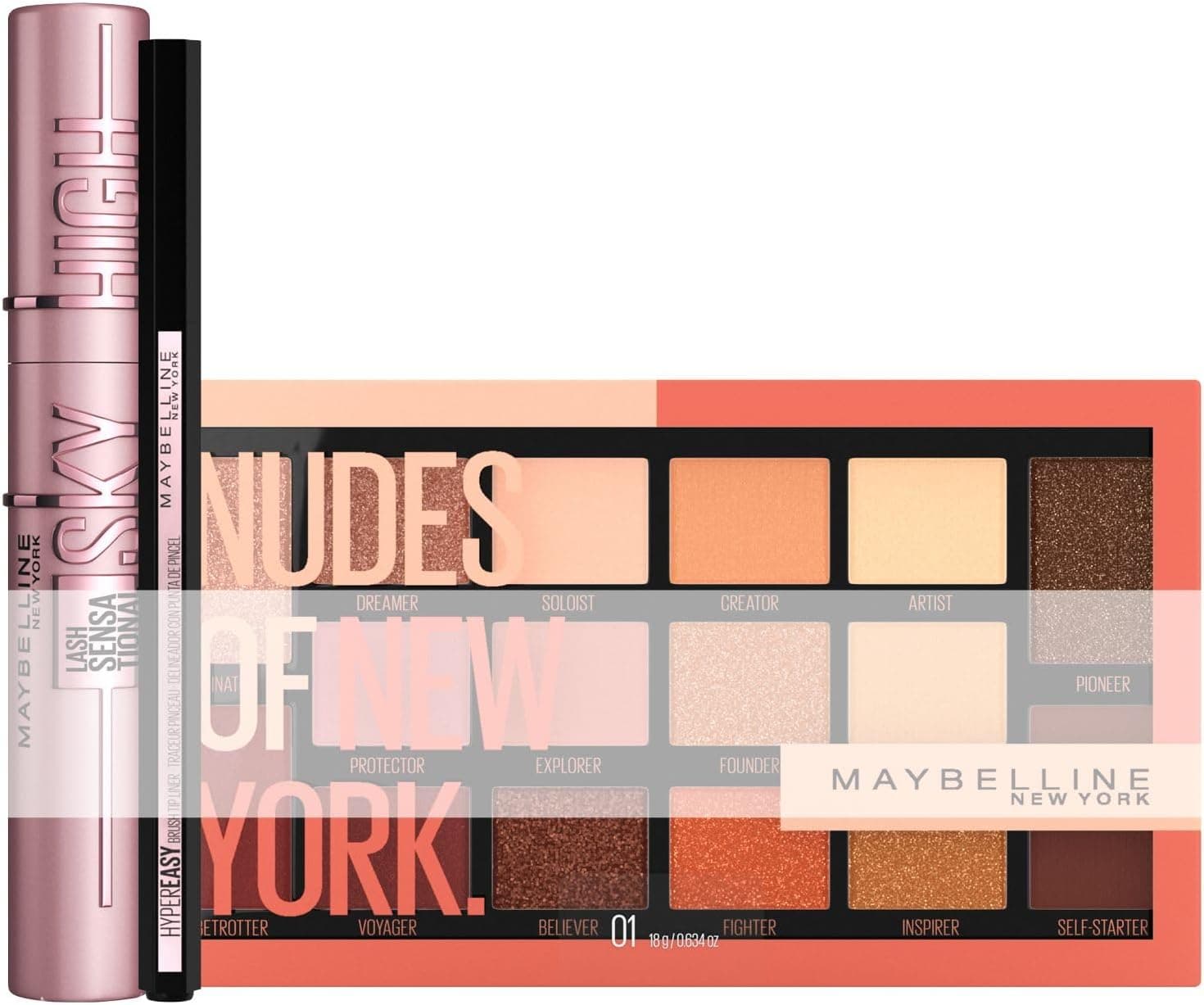 Maybelline New York Jogo de maquilhagem de olhos com paleta de sombras de olhos Sky High, Hyper Easy Liner e Nudes of New York