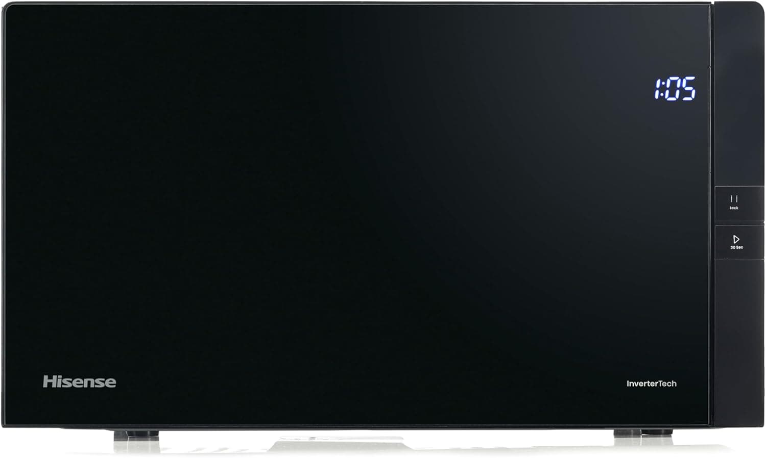 Hisense H25MOBS4HGI Microonda com brilho, 1000W, 25 L, altura 29,3 cm x largura 48 cm, preto, tecnologia de inverter, 6 programas pré-estabelecidos, brilho Combo, descongelar por tempo ou peso, função