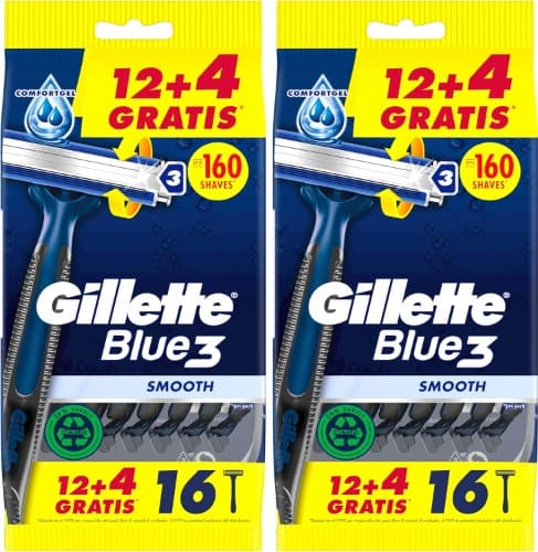 Gillette Blue3 Smooth | Conjunto de 16 lâminas descartáveis para homem com cabeça flexível e banda lubrificante