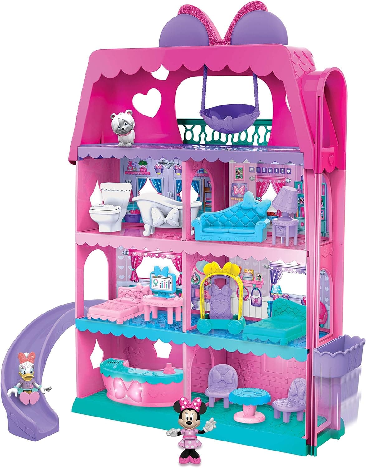 Just Play Disney Junior Minnie Mouse Bow-Tel Hotel, 2-Sided Playset com luzes, sons e elevator, 20 peças, inclui 3 figures, brinquedos infantis para idades 3 Up by