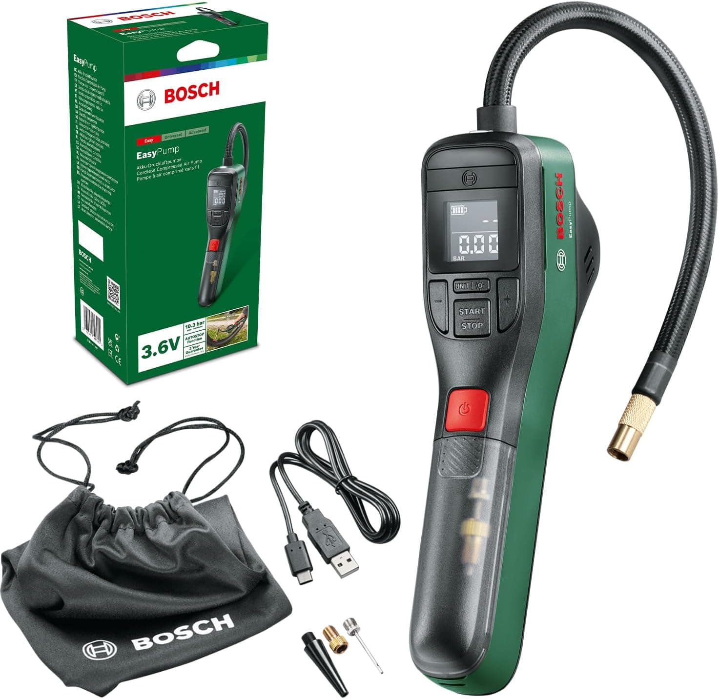 Bosch Inflador / mini bomba de ar elétrica EasyPump (bateria de 3,0 Ah, 3,6 V, função Autostop, 150 PSI, 10,3 bares, LED, recarregável via cabo USB-C, em caixa de cartão)